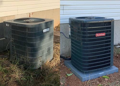 Before and after photos of an old air-conditioning unit and a new, Goodman air conditioner after replacement services were performed